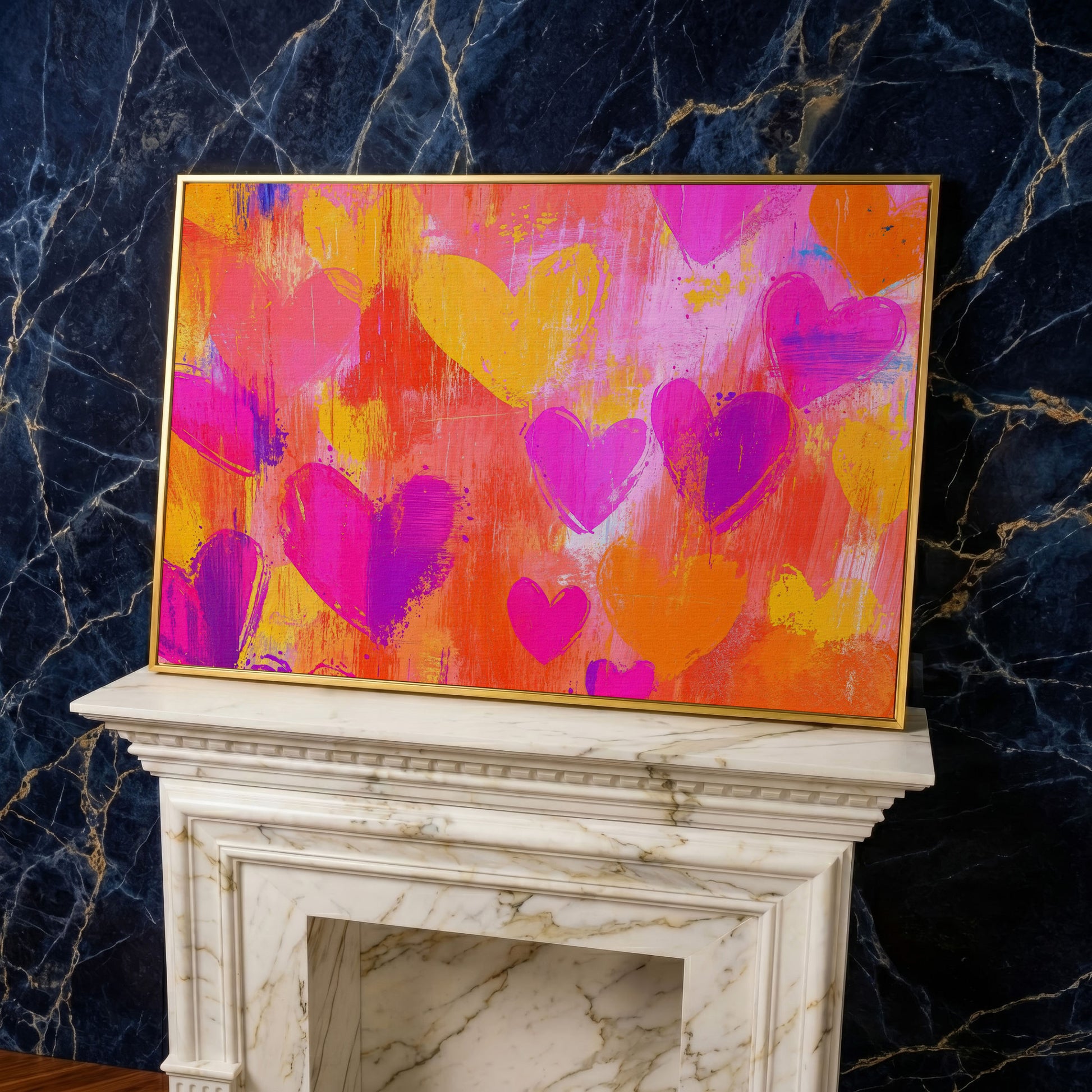 Pink & Orange Hearts Canvas Wall Art in yellow gold floating frame