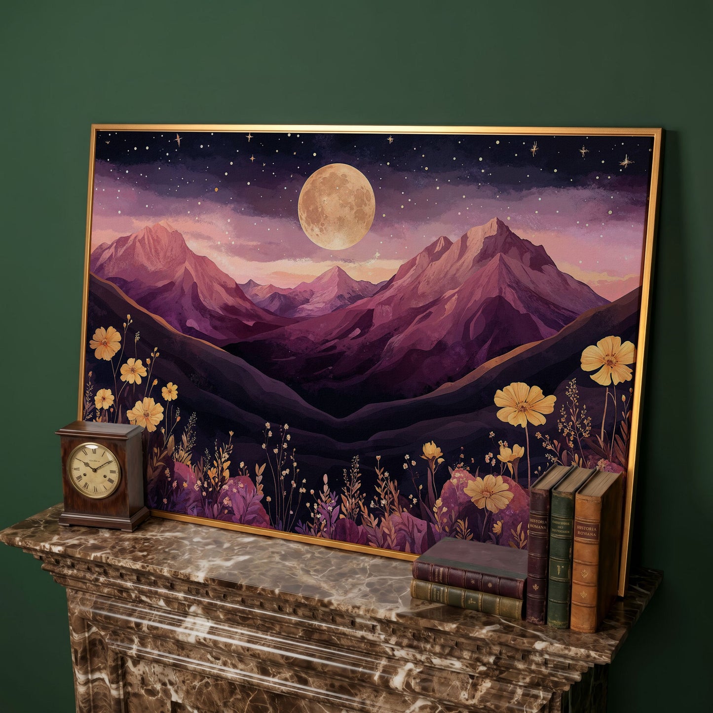 Moonlit Mountains Under Starry Sky Canvas in antique gold floating frame