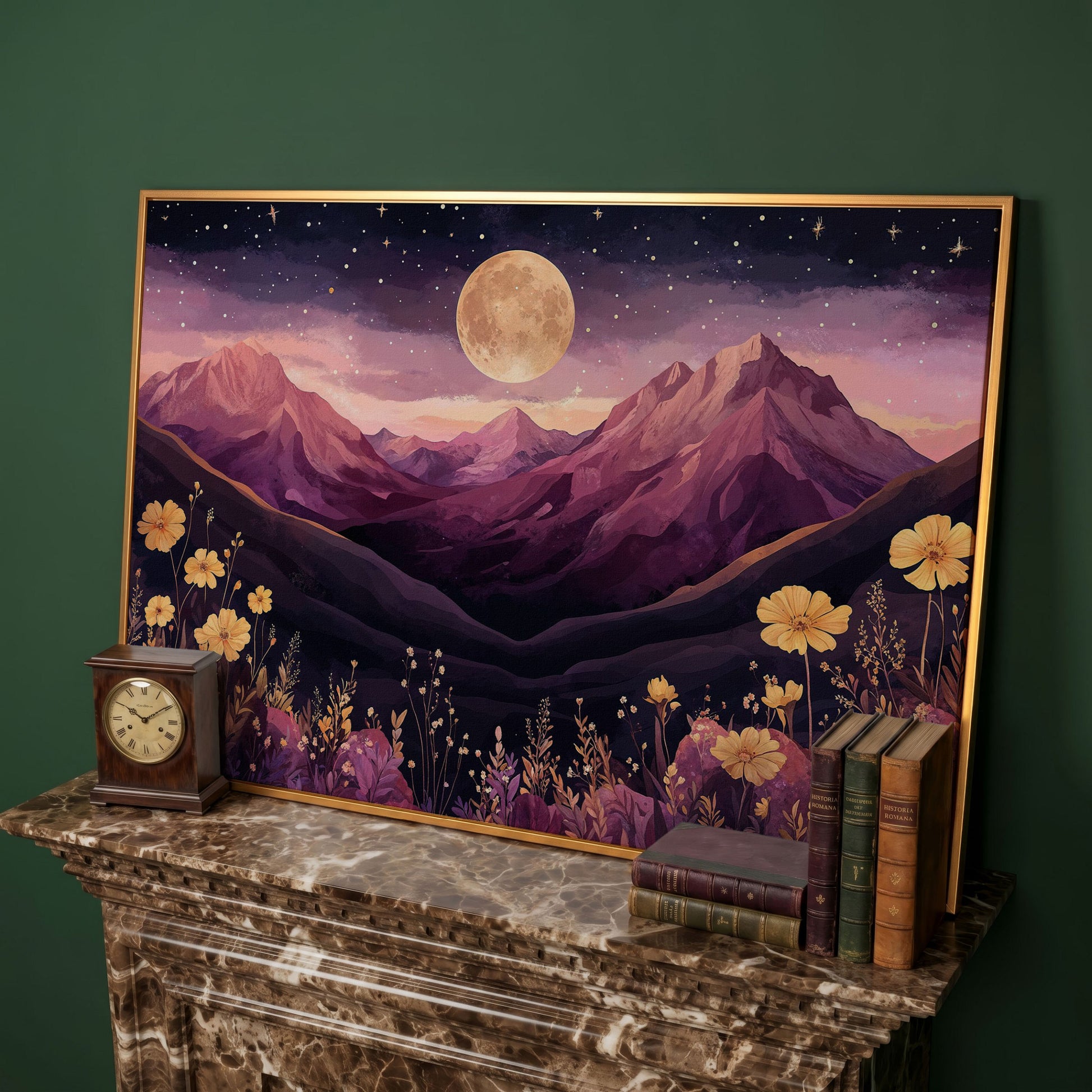 Moonlit Mountains Under Starry Sky Canvas in antique gold floating frame