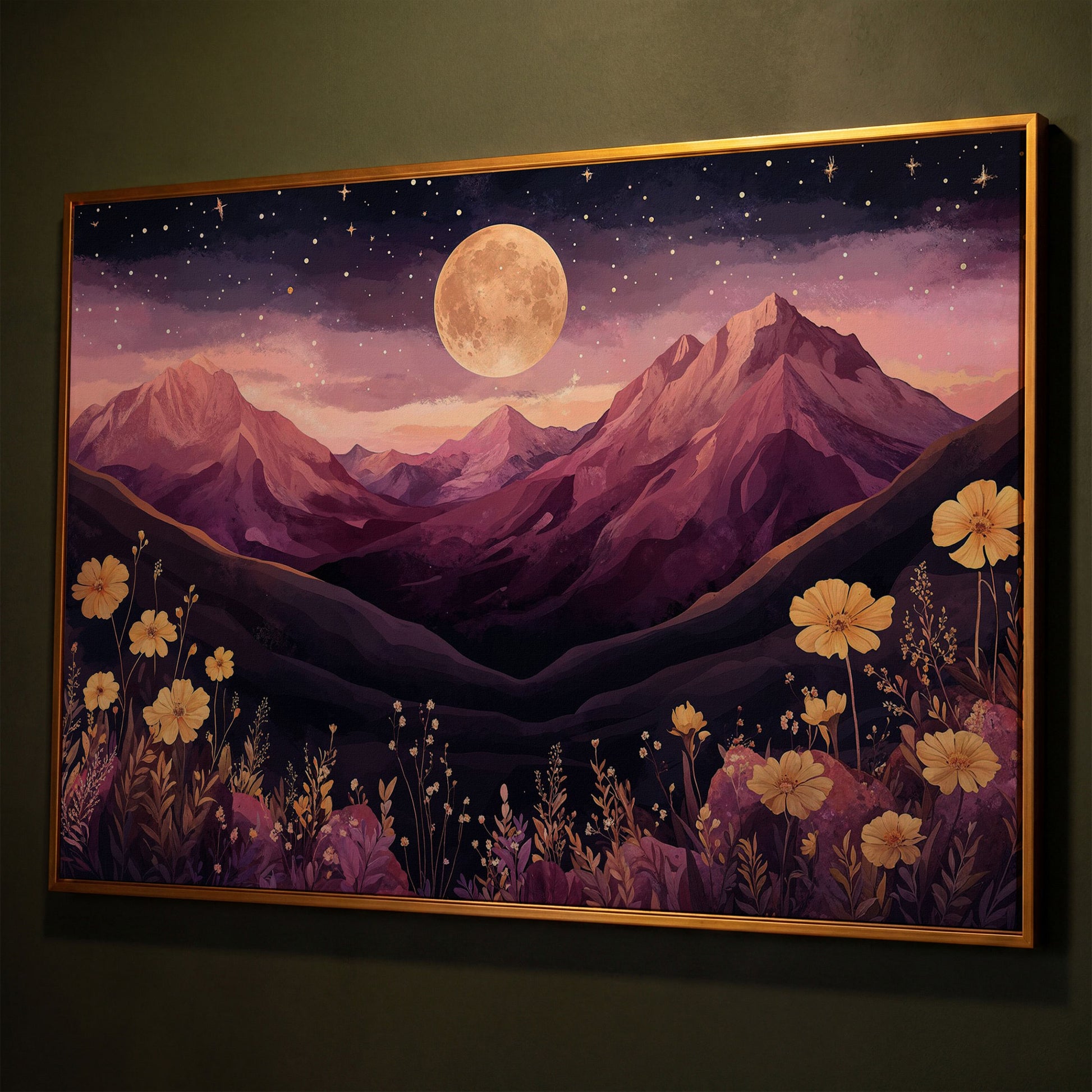 Moonlit Mountains Under Starry Sky Canvas shown in antique gold floating frame