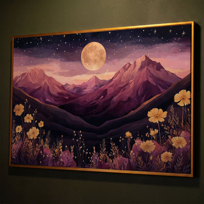 Moonlit Mountains Under Starry Sky Canvas shown in antique gold floating frame