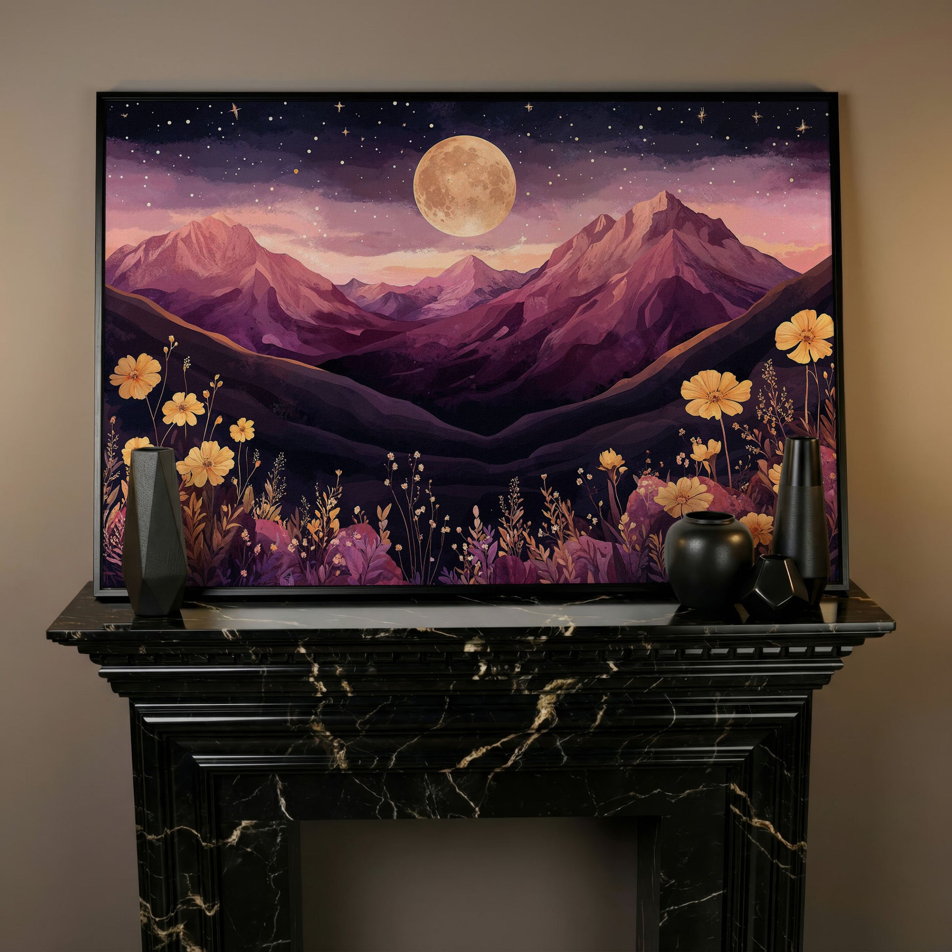 Moonlit Mountains Under Starry Sky Canvas in black floating frame