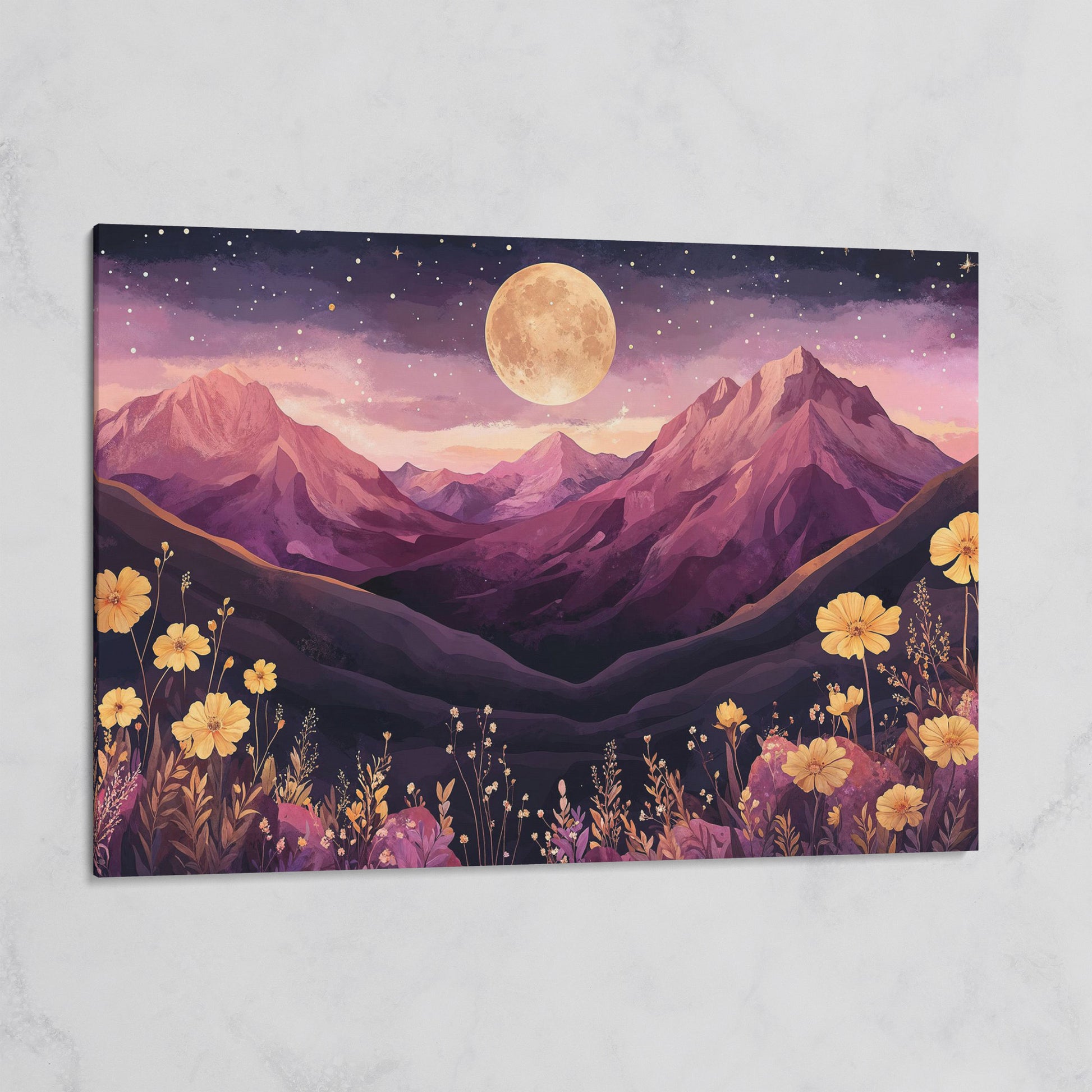 Moonlit Mountains Under Starry Sky Canvas on gallery wrap
