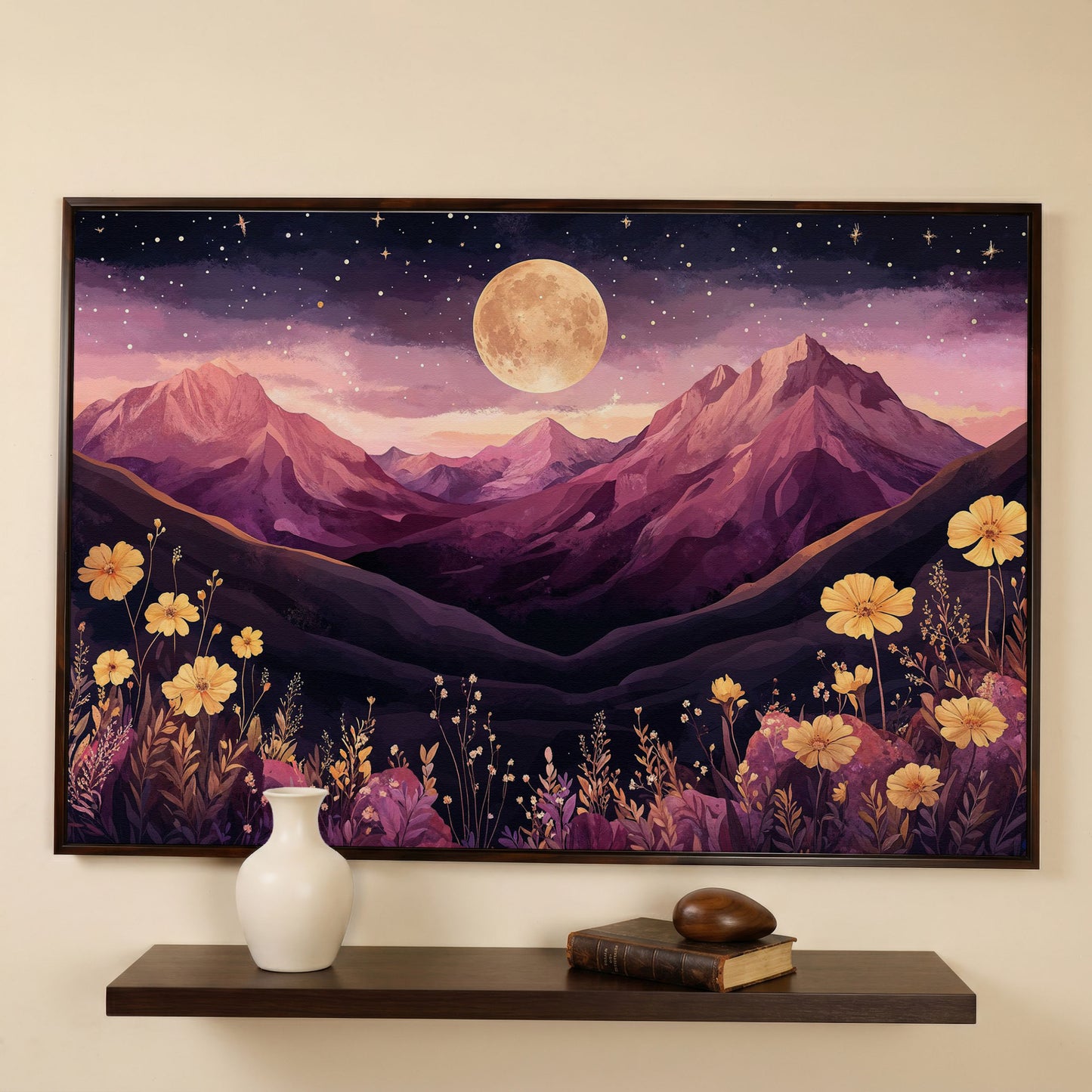 Moonlit Mountains Under Starry Sky Canvas in dark walnut floating frame