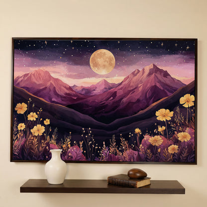 Moonlit Mountains Under Starry Sky Canvas in dark walnut floating frame