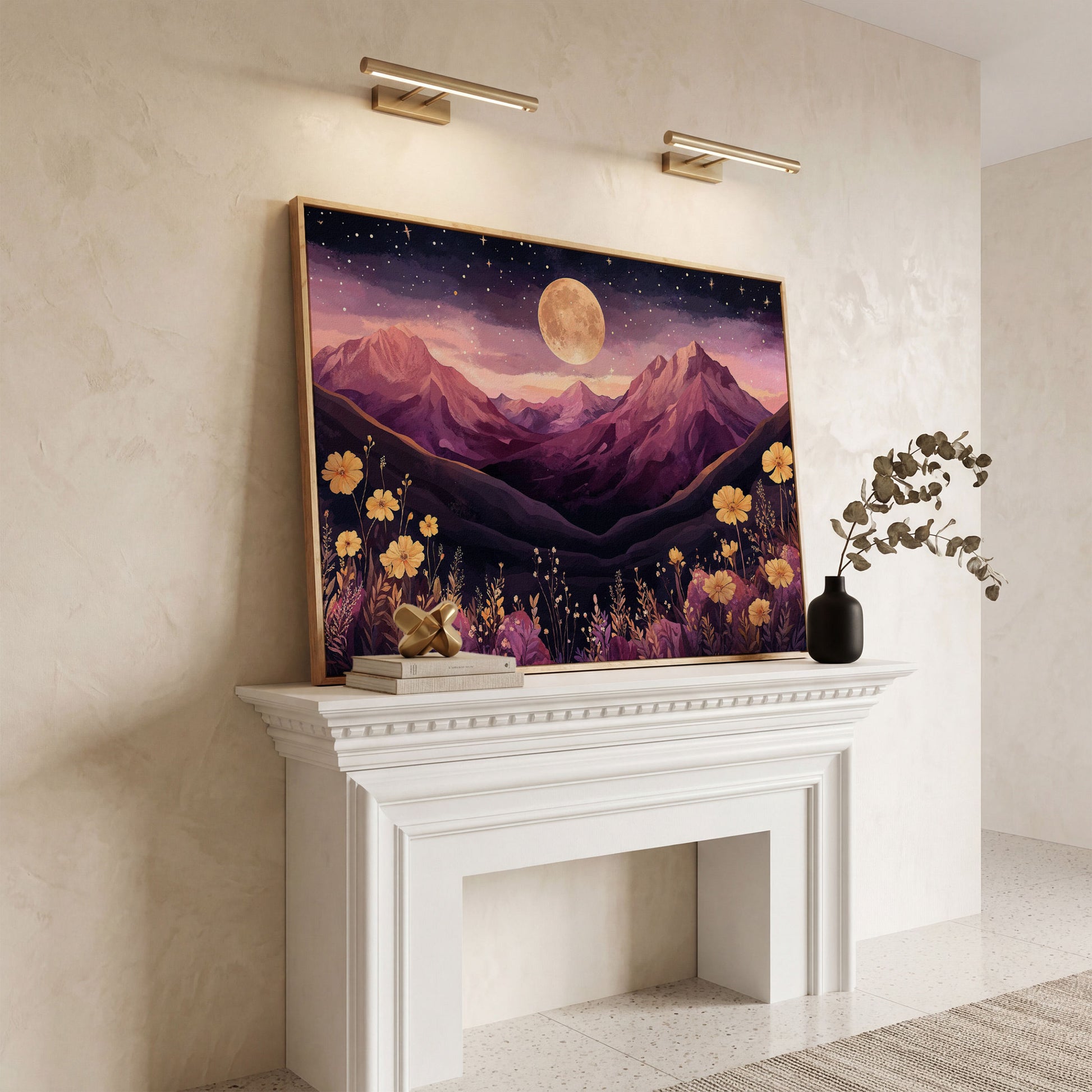 Moonlit Mountains Under Starry Sky Canvas in white oak floating frame