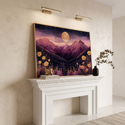 Moonlit Mountains Under Starry Sky Canvas in white oak floating frame