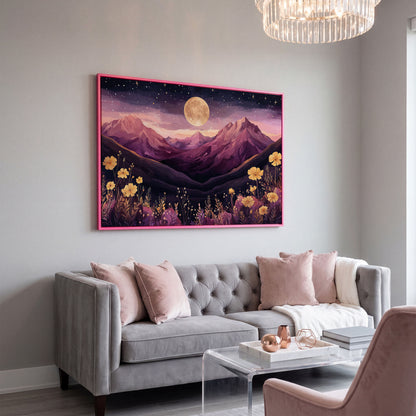Moonlit Mountains Under Starry Sky Canvas in pink floating frame