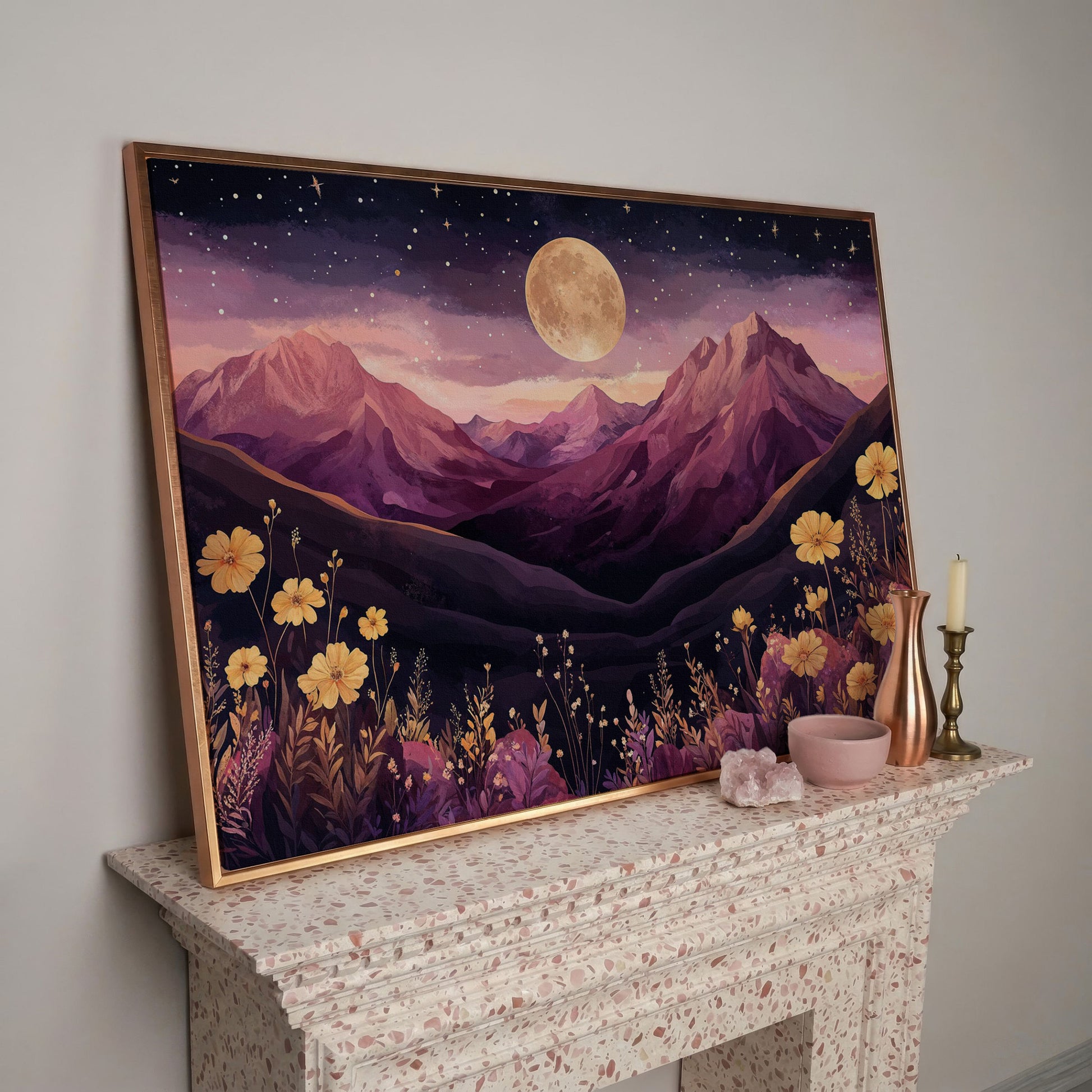 Moonlit Mountains Under Starry Sky Canvas in rose gold floating frame