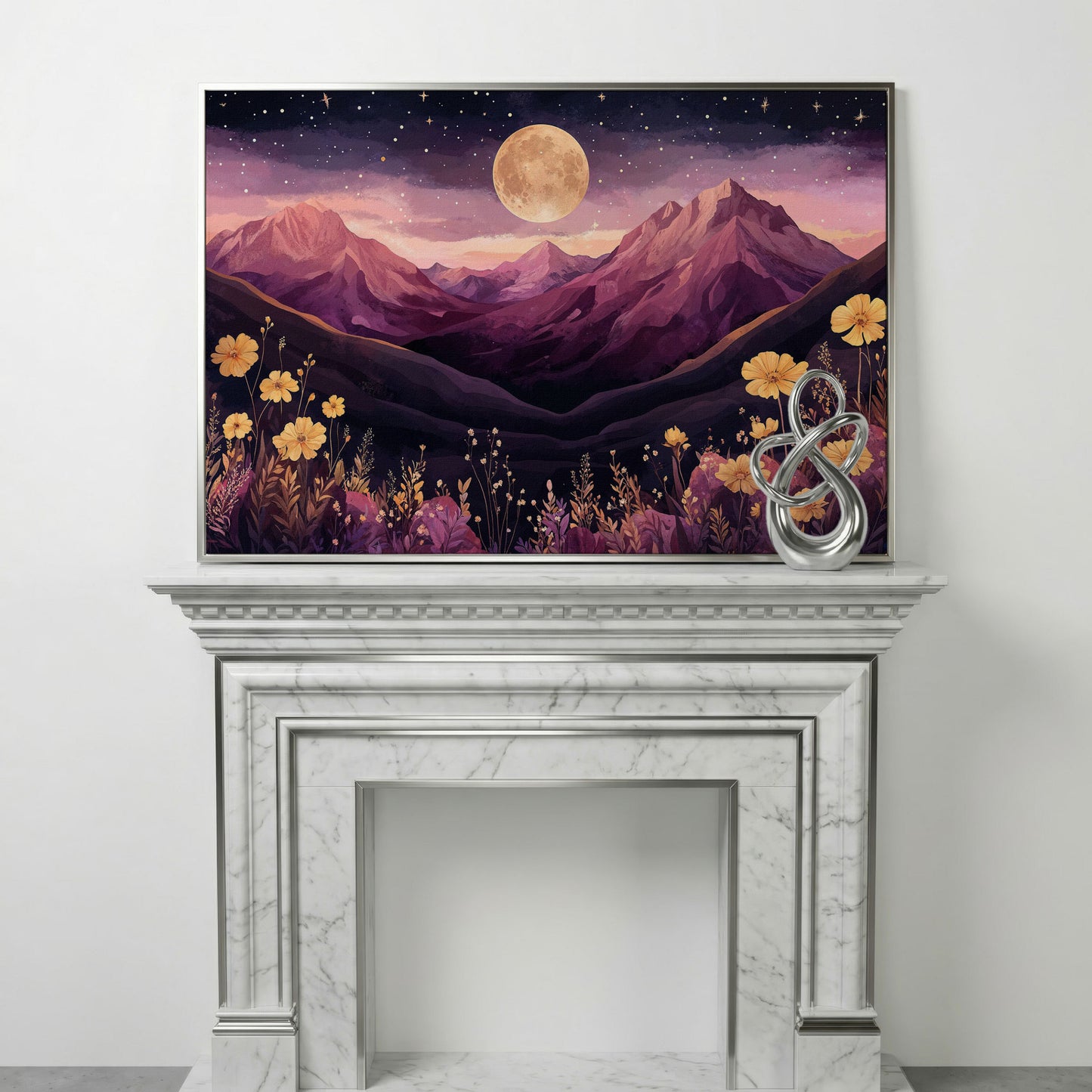 Moonlit Mountains Under Starry Sky Canvas in silver floating frame
