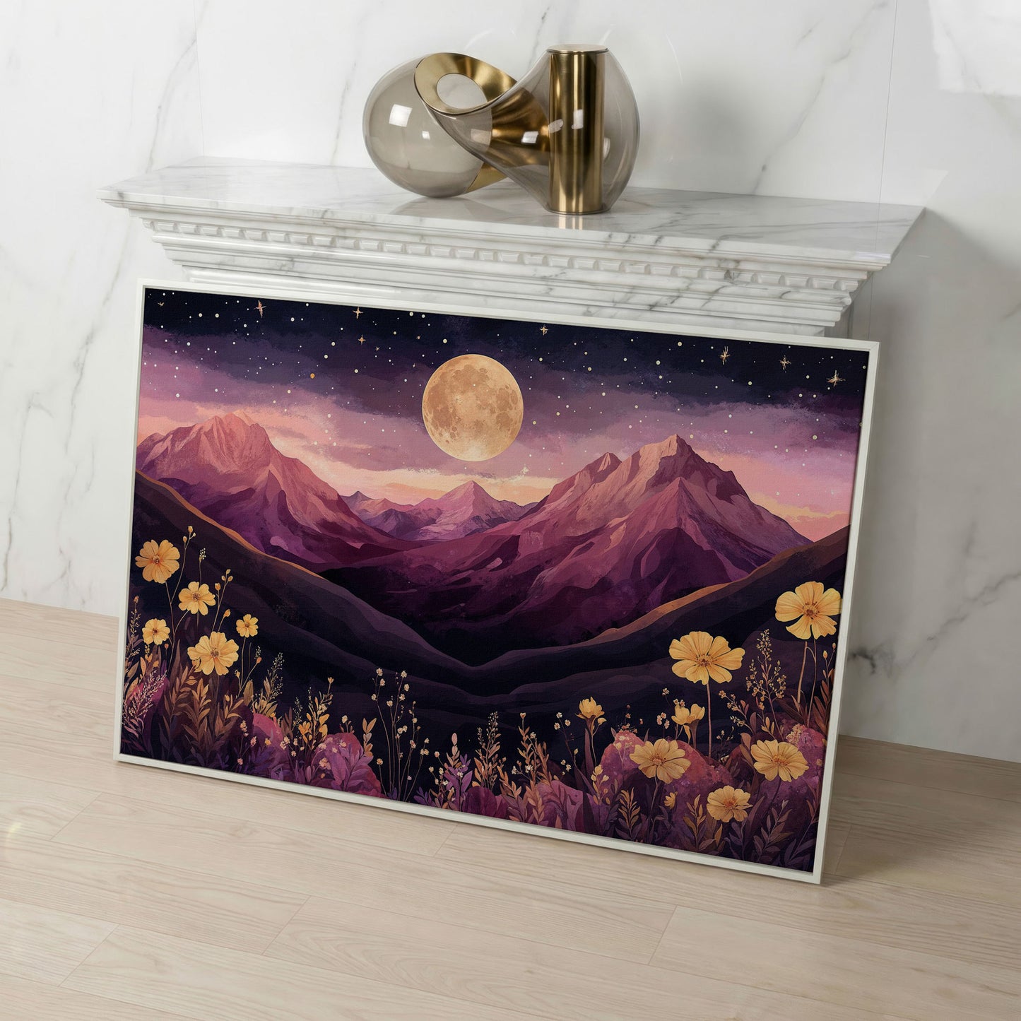 Moonlit Mountains Under Starry Sky Canvas in white floating frame