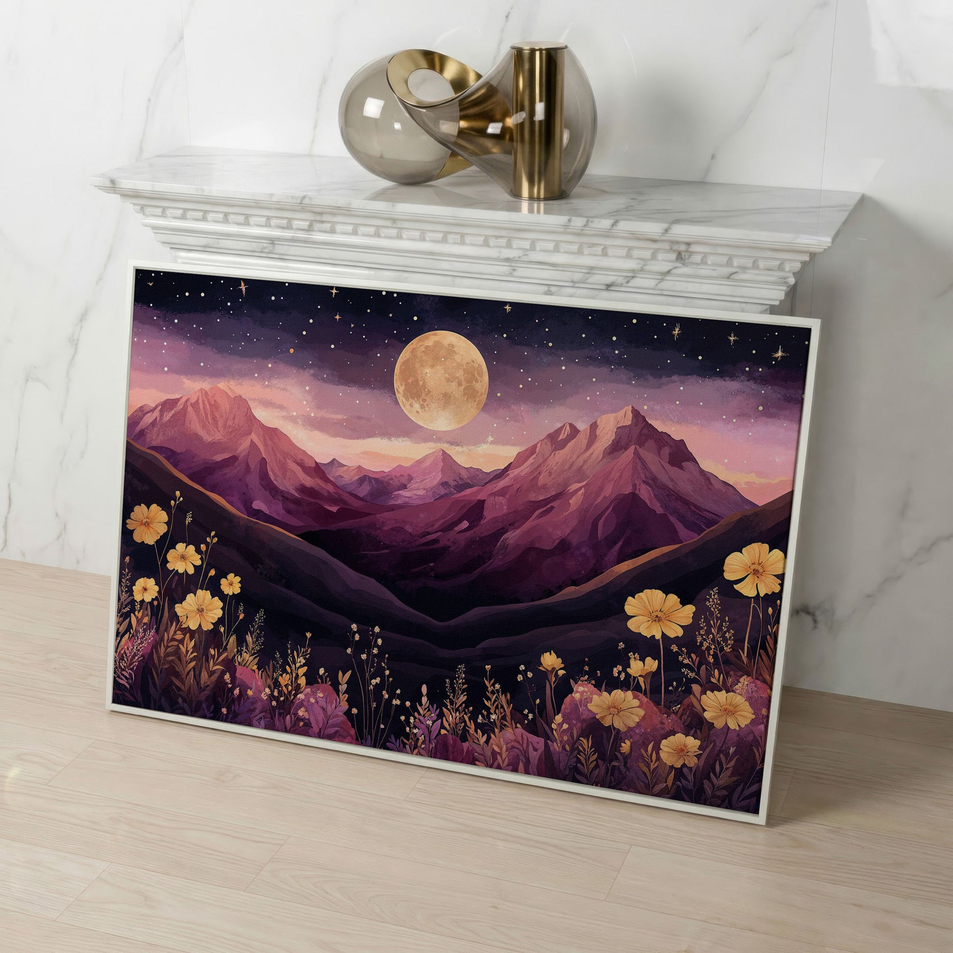 Moonlit Mountains Under Starry Sky Canvas in white floating frame
