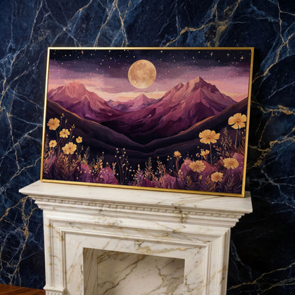 Moonlit Mountains Under Starry Sky Canvas in yellow gold floating frame