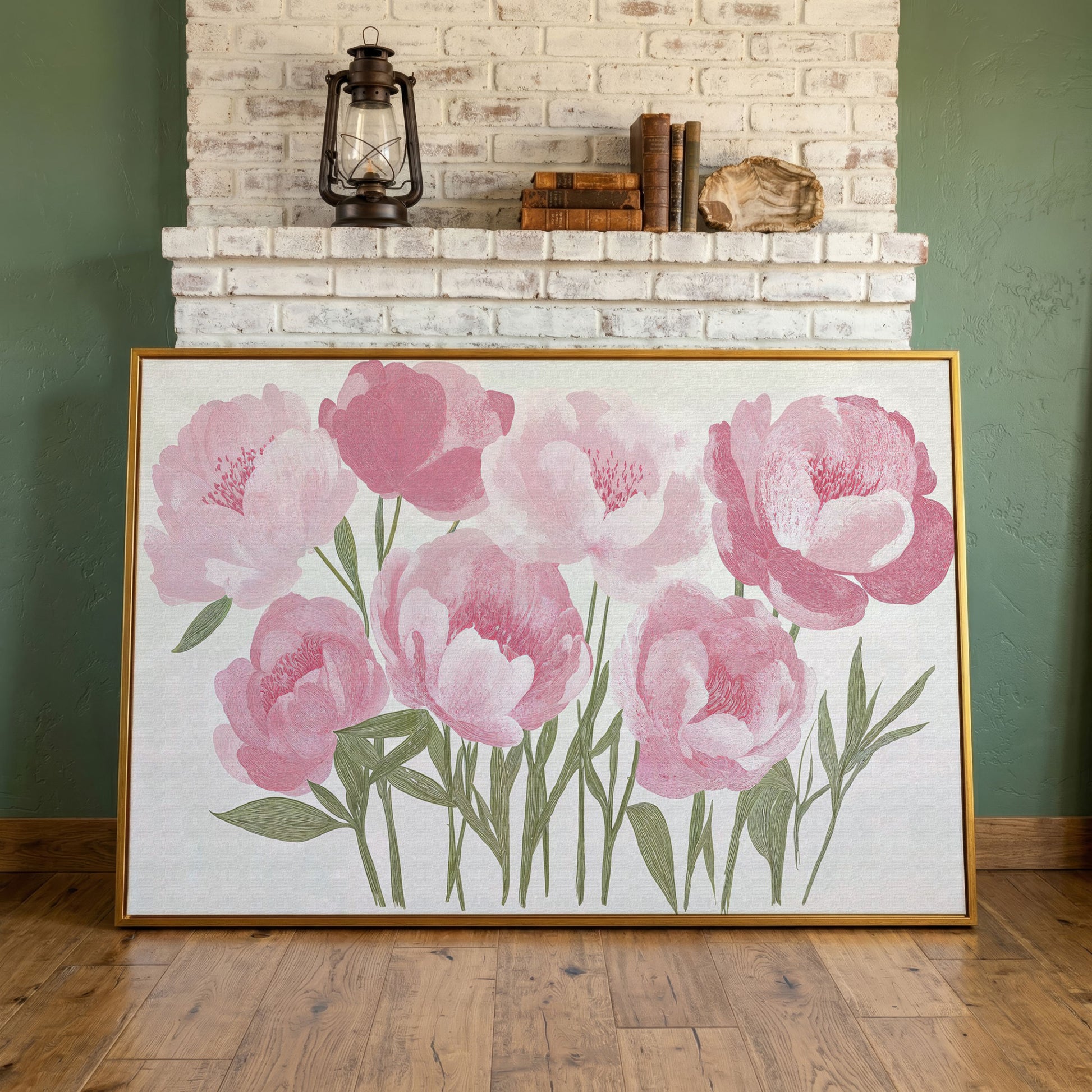 Pink Peonies Boho Canvas Art in antique gold floating frame