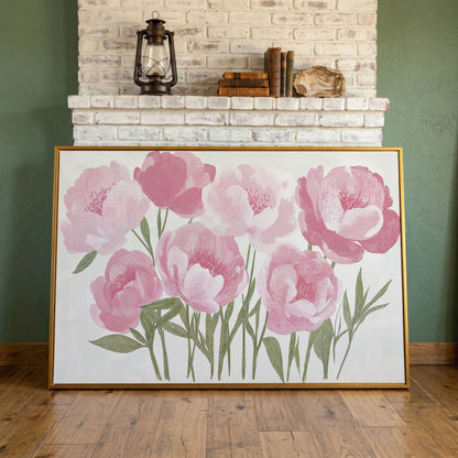 Pink Peonies Boho Canvas Art in antique gold floating frame