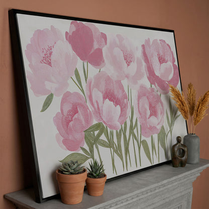 Pink Peonies Boho Canvas Art in black floating frame