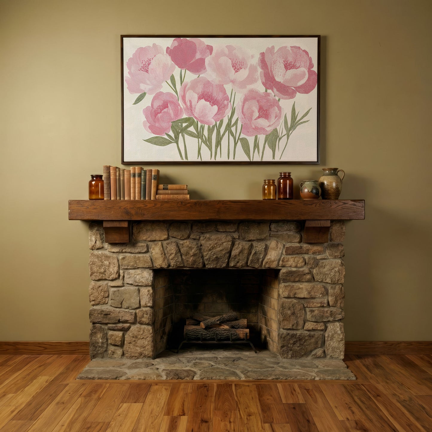 Pink Peonies Boho Canvas Art in dark walnut floating frame