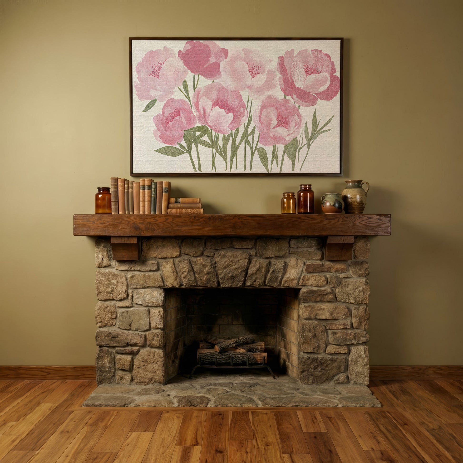 Pink Peonies Boho Canvas Art in dark walnut floating frame