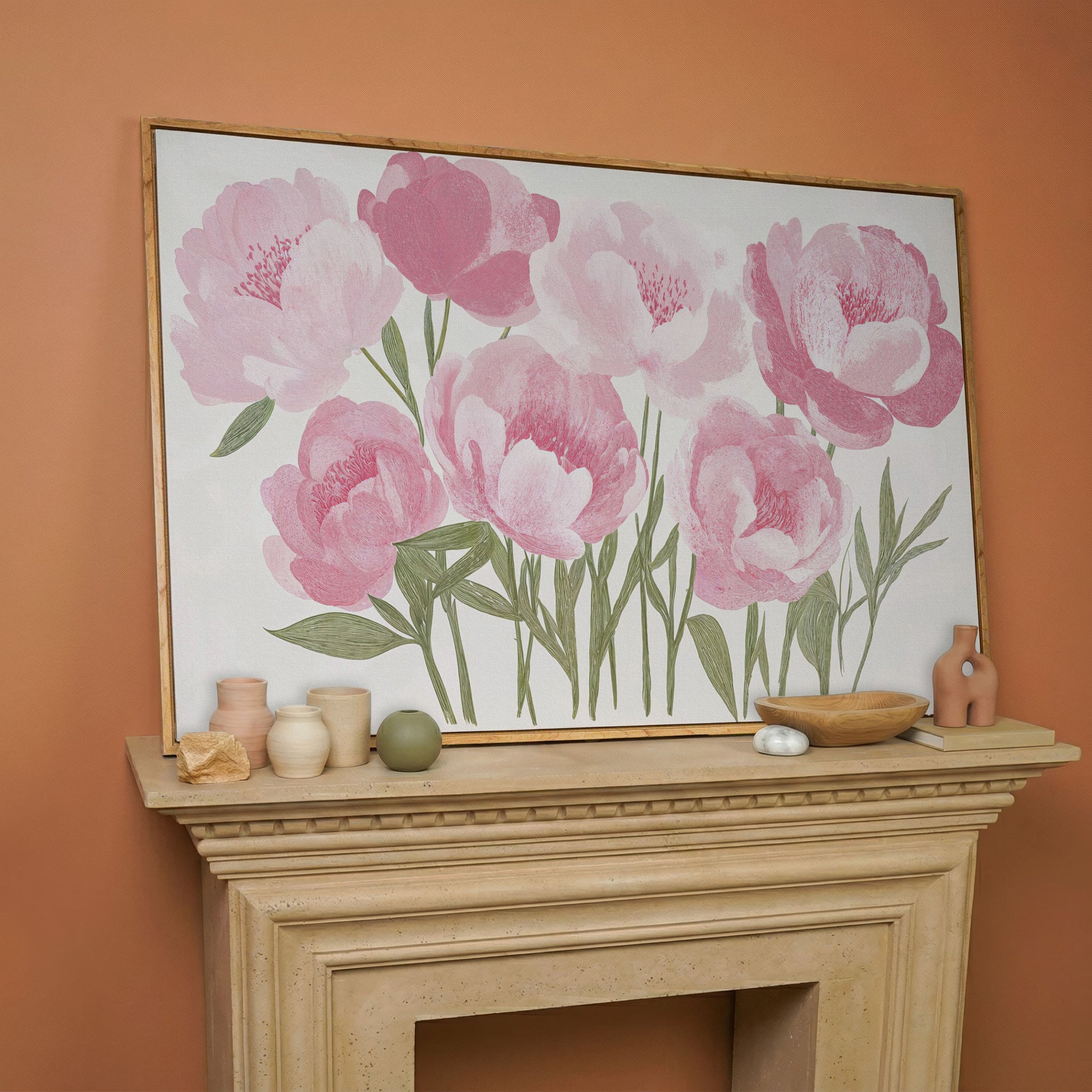 Pink Peonies Boho Canvas Art in white oak floating frame