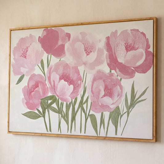 Pink Peonies Boho Canvas Art shown in white oak floating frame