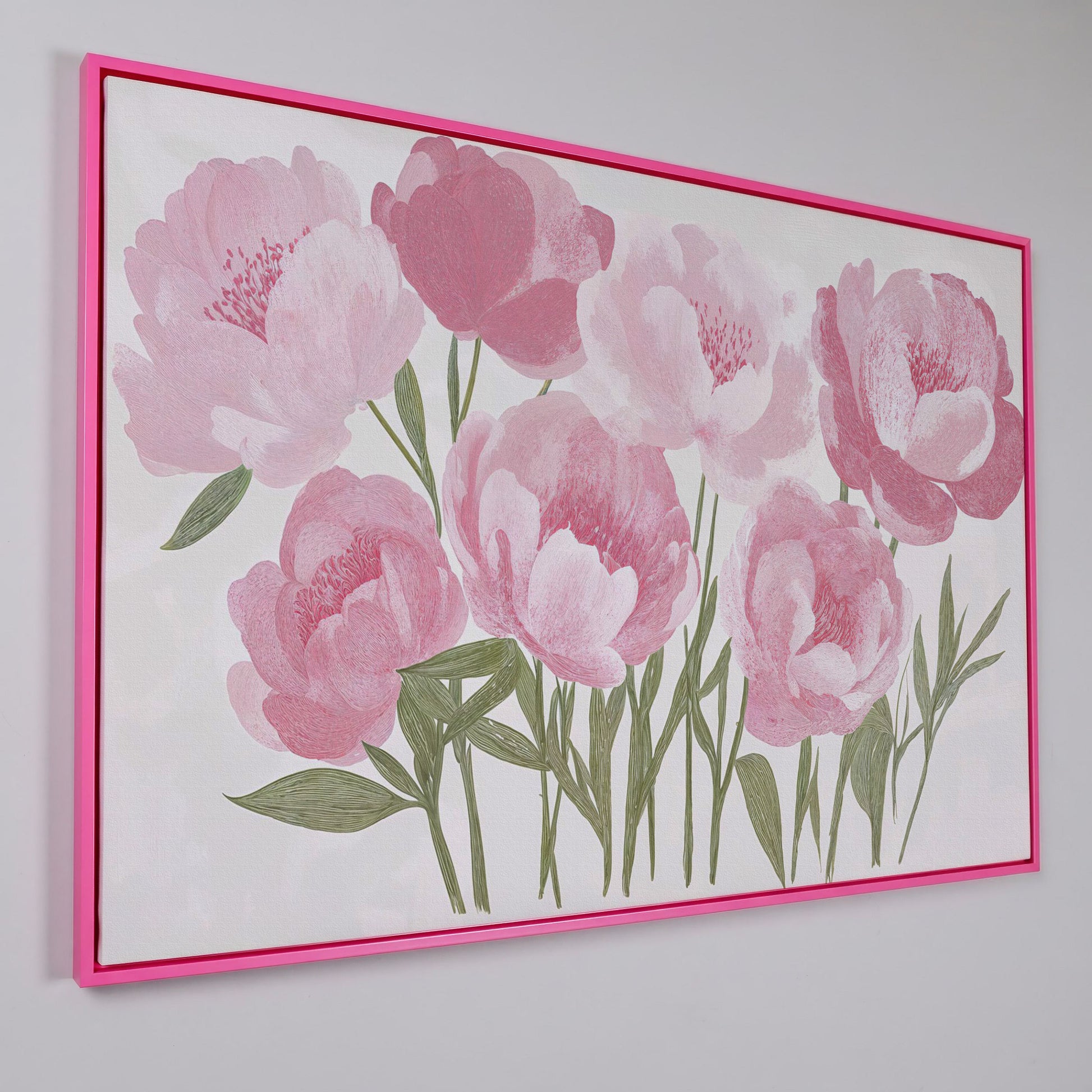 Pink Peonies Boho Canvas Art in pink floating frame