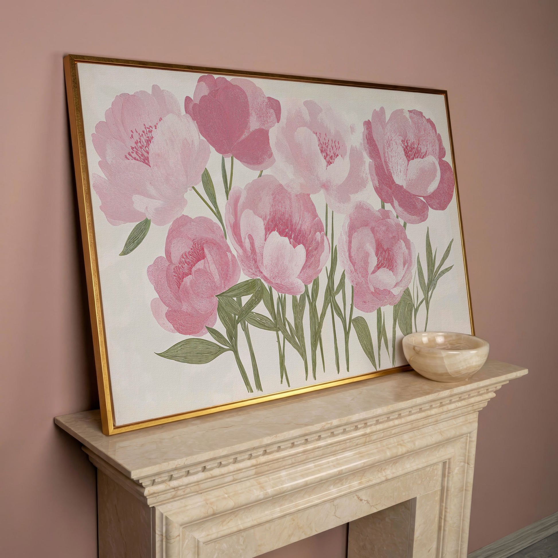 Pink Peonies Boho Canvas Art in rose gold floating frame