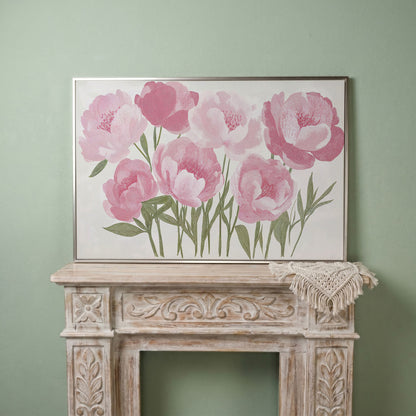 Pink Peonies Boho Canvas Art in silver floating frame