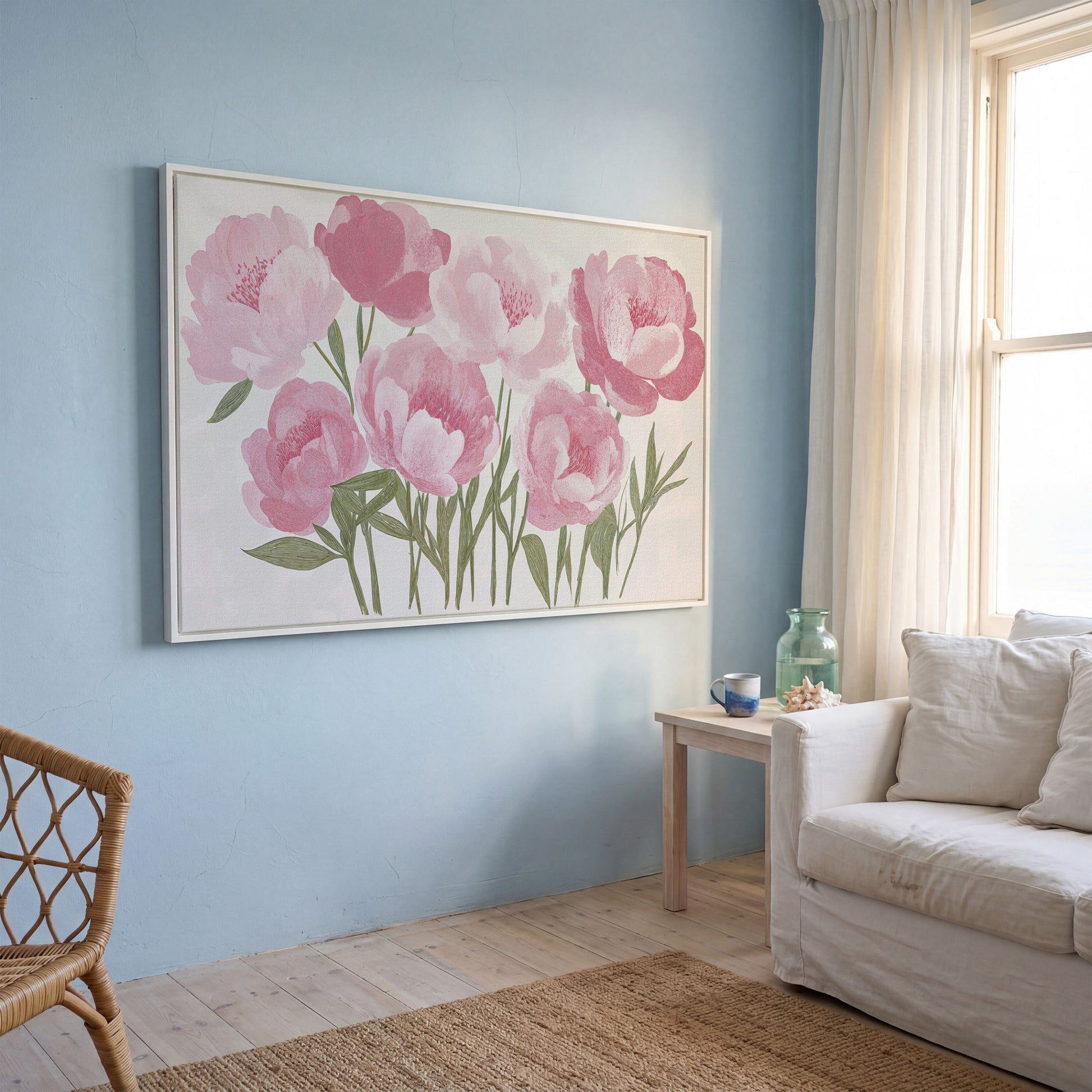 Pink Peonies Boho Canvas Art in white floating frame