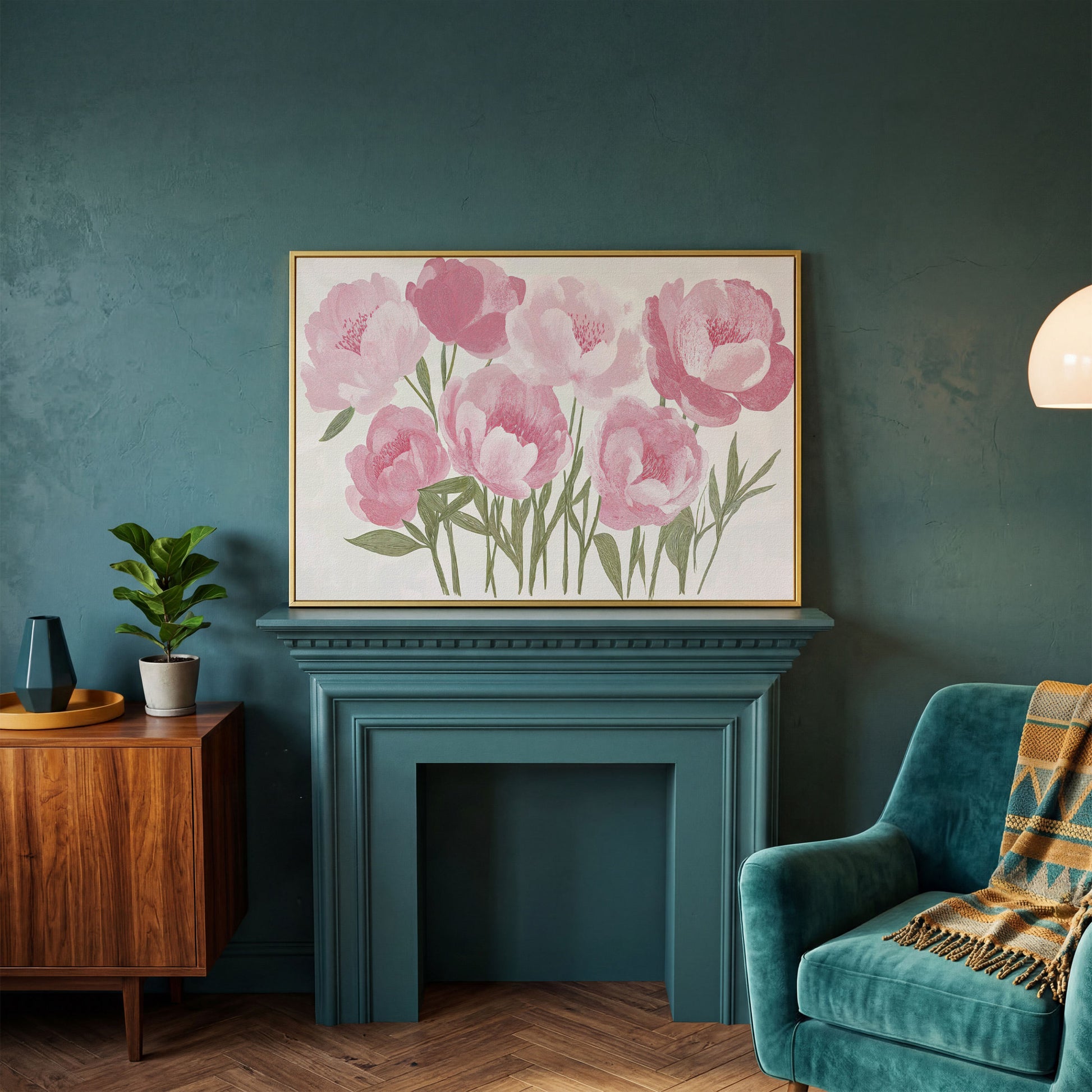 Pink Peonies Boho Canvas Art in yellow gold floating frame