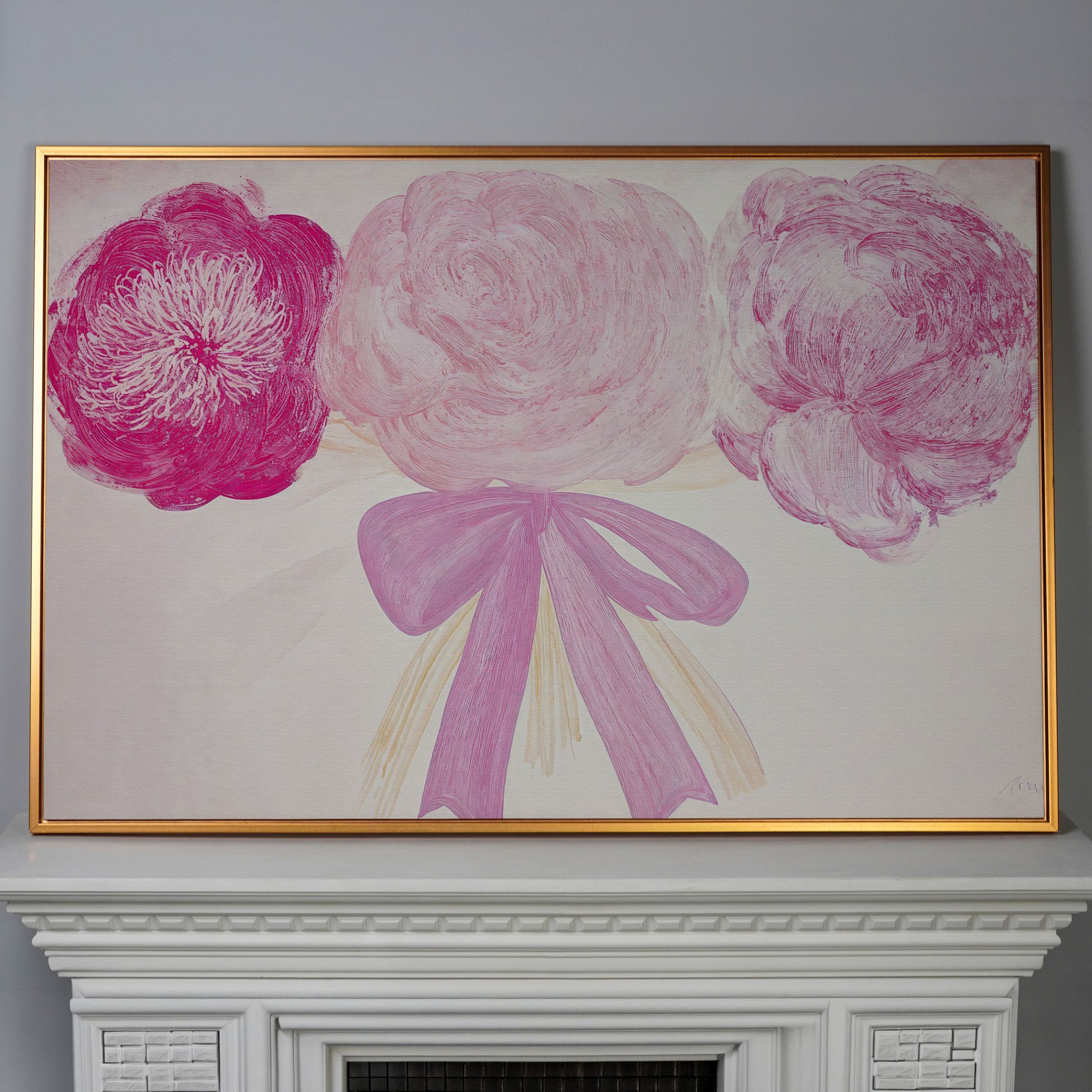 Pink Flower Bouquet with Bow Canvas in antique gold floating frame