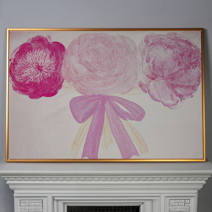 Pink Flower Bouquet with Bow Canvas in antique gold floating frame