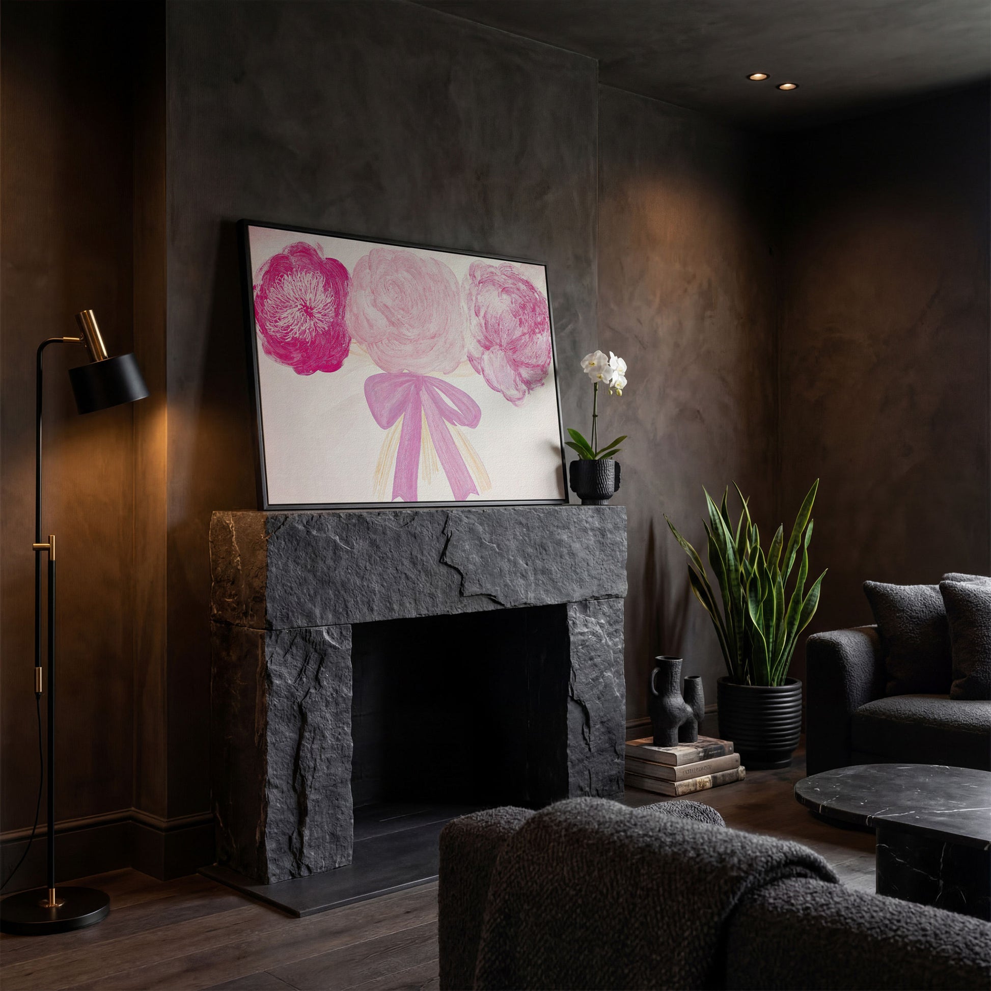 Pink Flower Bouquet with Bow Canvas in black floating frame