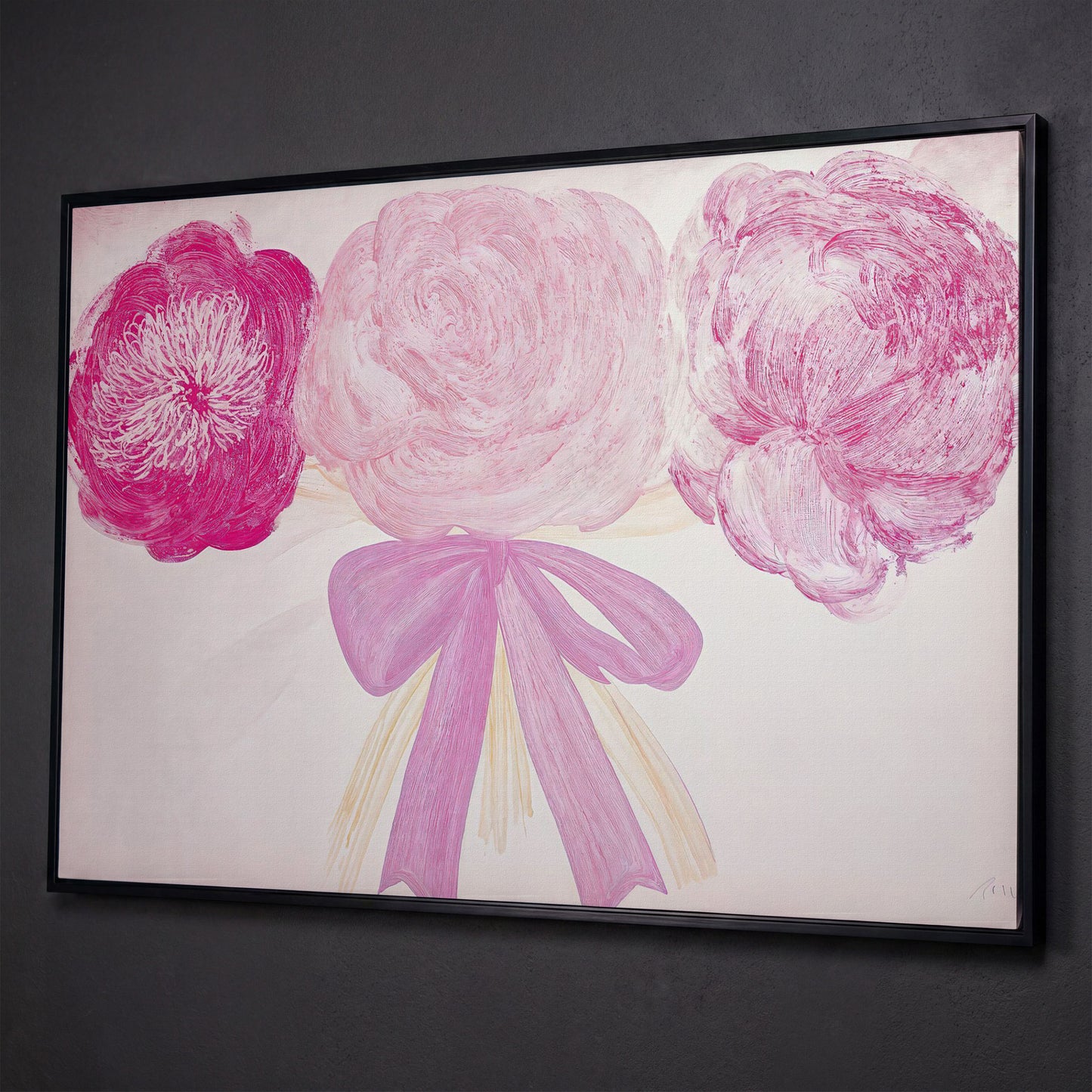 Pink Flower Bouquet with Bow Canvas shown in black floating frame