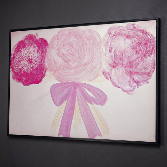 Pink Flower Bouquet with Bow Canvas shown in black floating frame