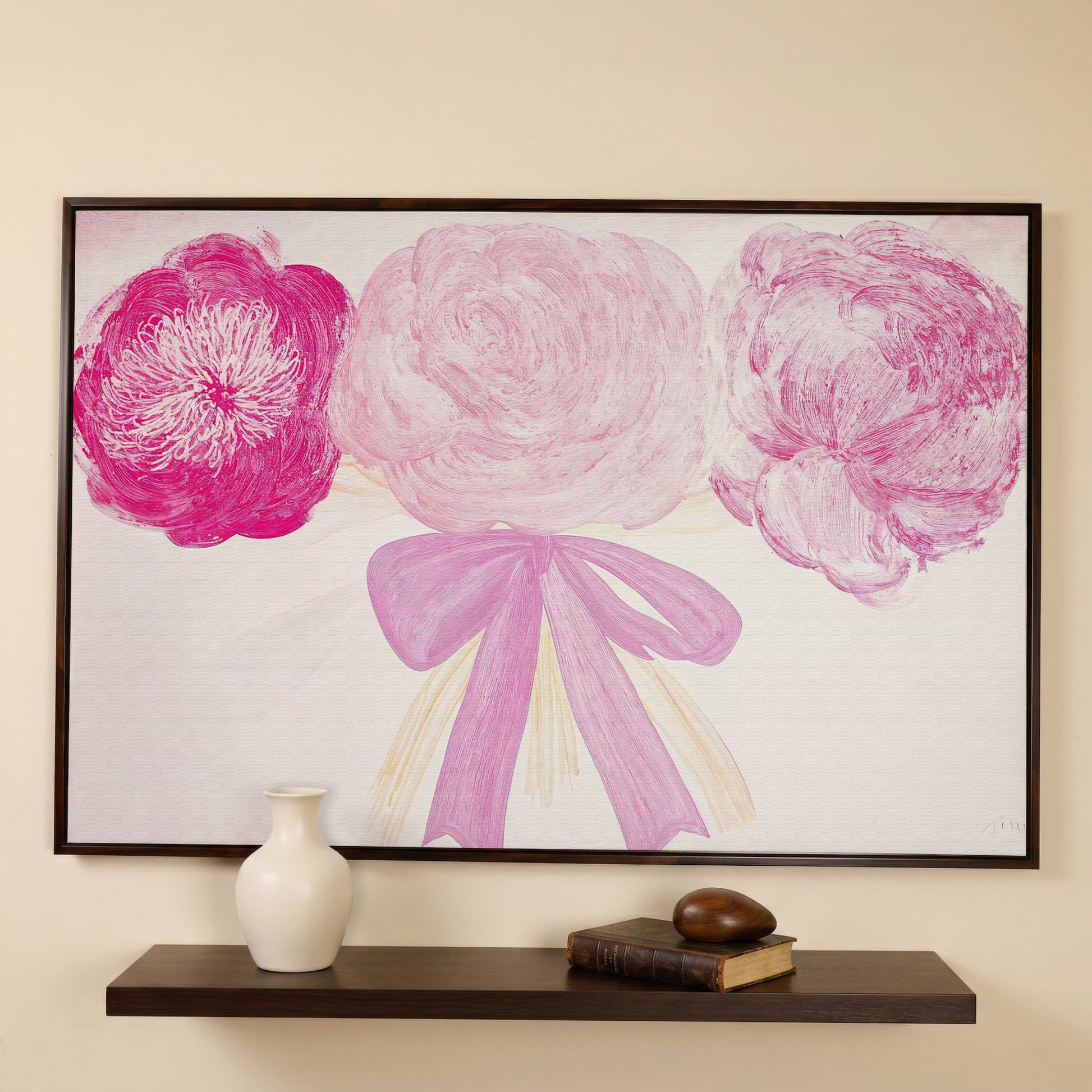 Pink Flower Bouquet with Bow Canvas in dark walnut floating frame