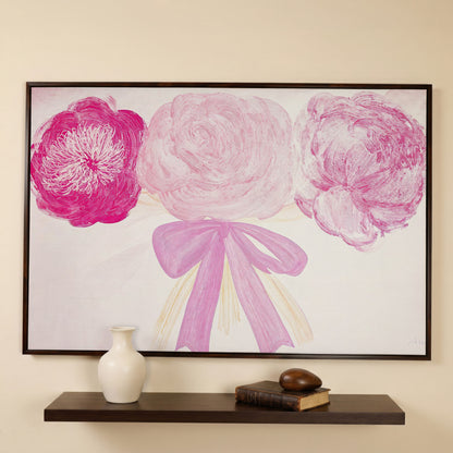 Pink Flower Bouquet with Bow Canvas in dark walnut floating frame