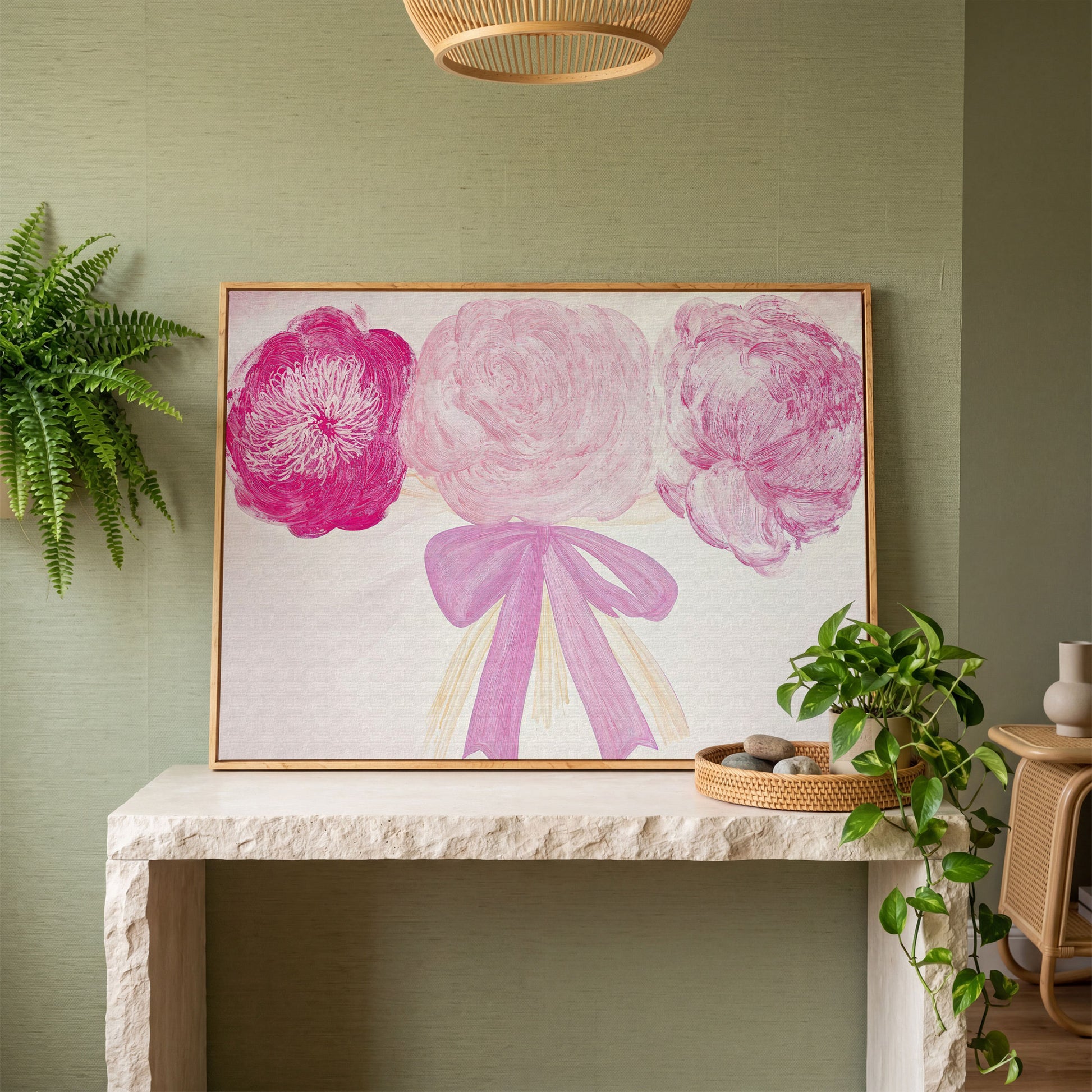 Pink Flower Bouquet with Bow Canvas in white oak floating frame