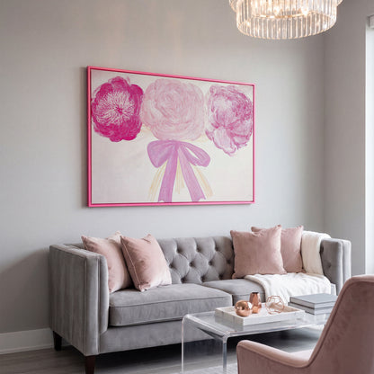 Pink Flower Bouquet with Bow Canvas in pink floating frame