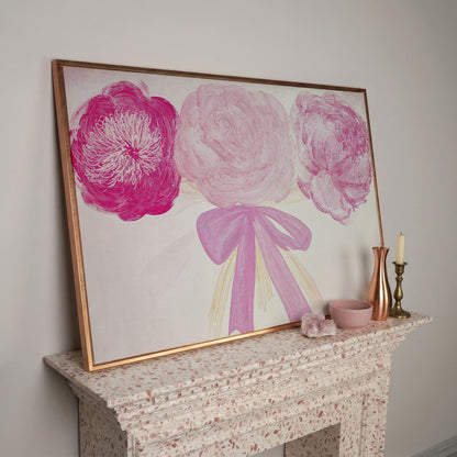Pink Flower Bouquet with Bow Canvas in rose gold floating frame