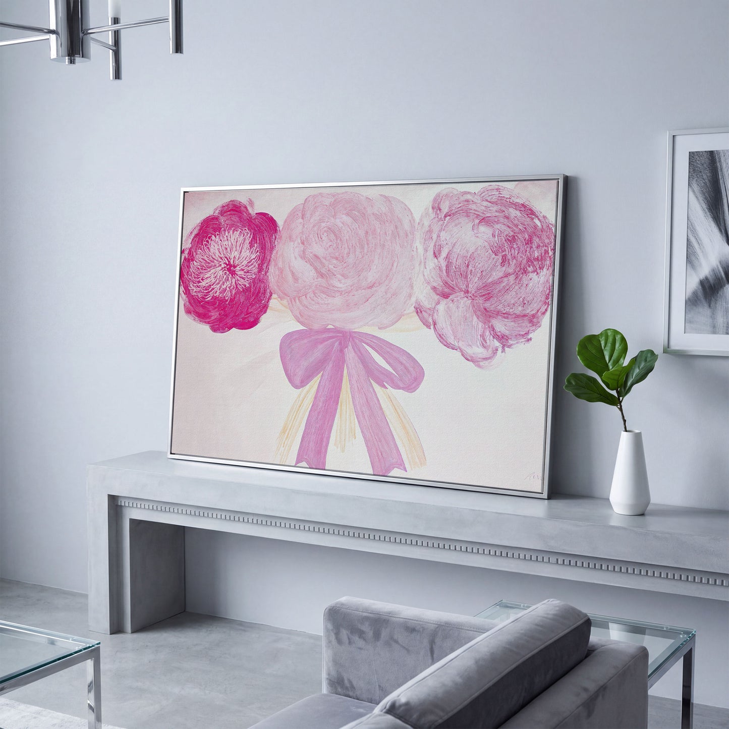 Pink Flower Bouquet with Bow Canvas in silver floating frame