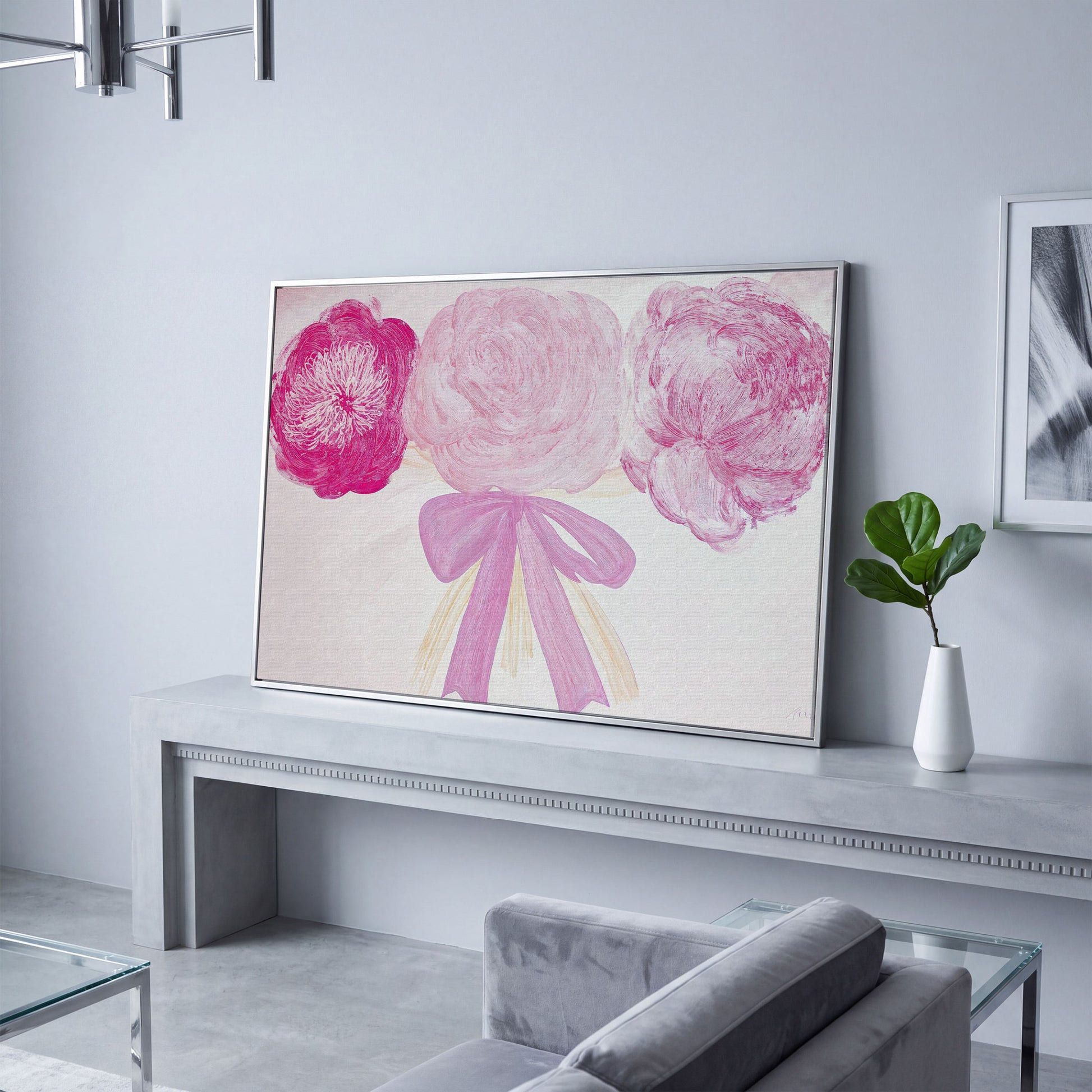 Pink Flower Bouquet with Bow Canvas in silver floating frame