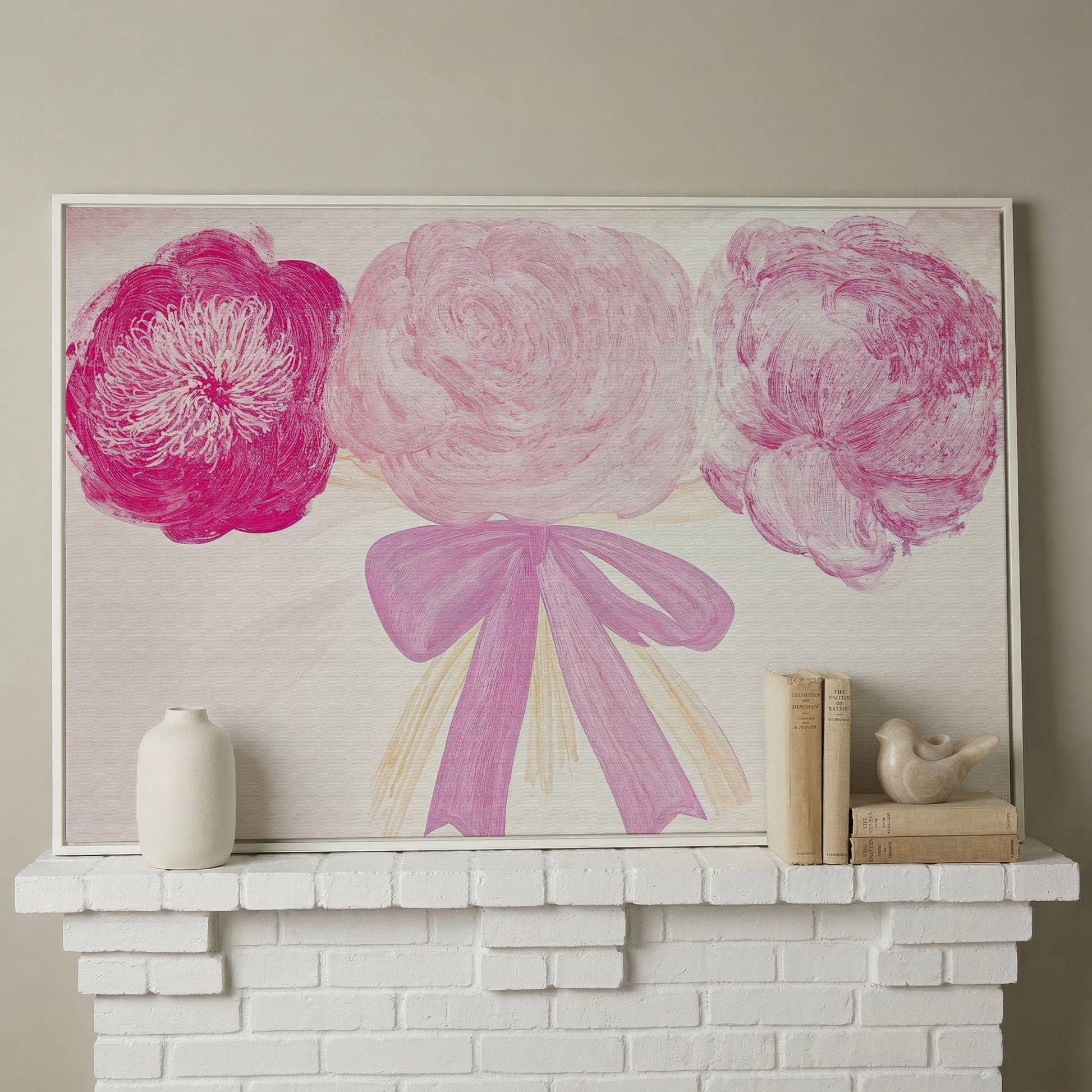 Pink Flower Bouquet with Bow Canvas in white floating frame