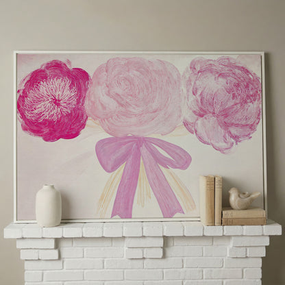 Pink Flower Bouquet with Bow Canvas in white floating frame