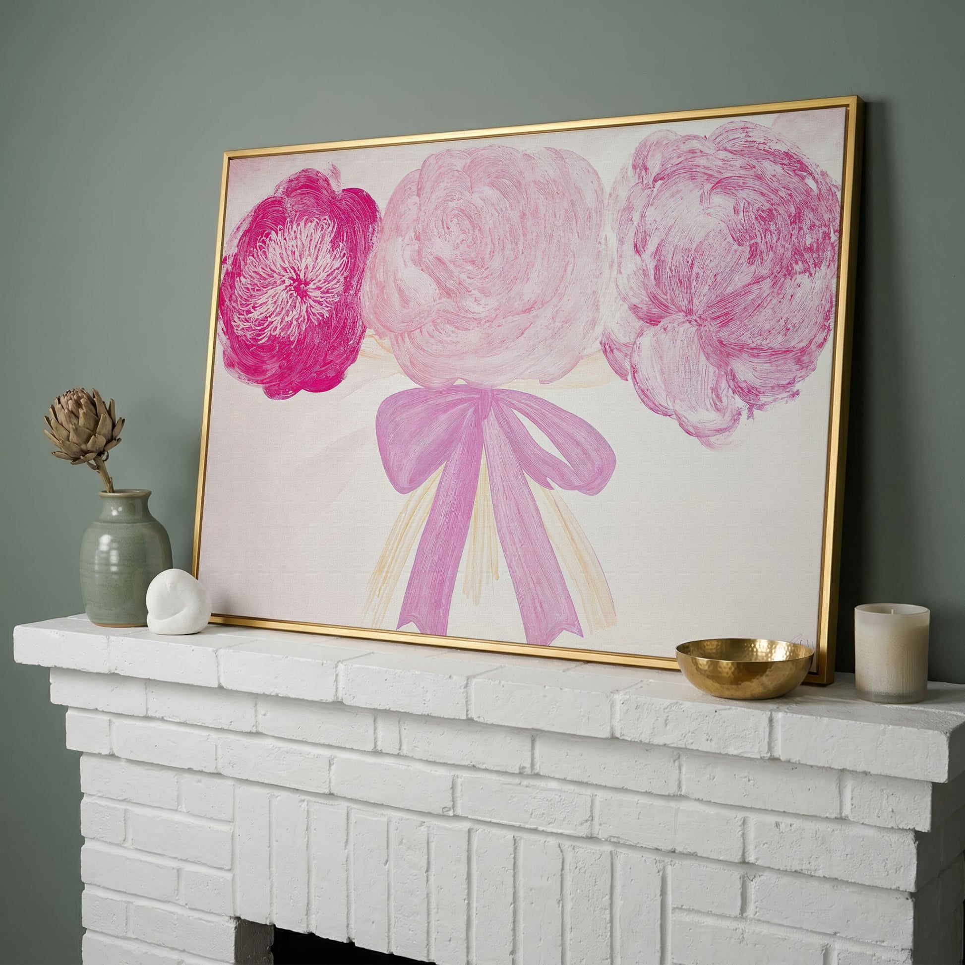Pink Flower Bouquet with Bow Canvas in yellow gold floating frame