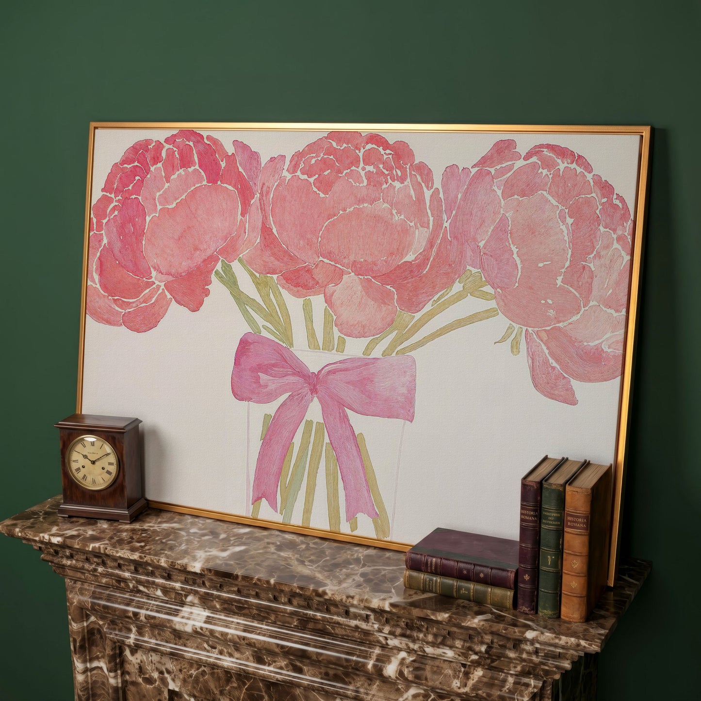Pink Peonies in Vase Canvas Print in antique gold floating frame