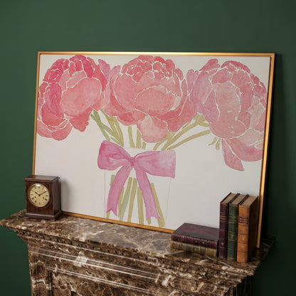Pink Peonies in Vase Canvas Print in antique gold floating frame