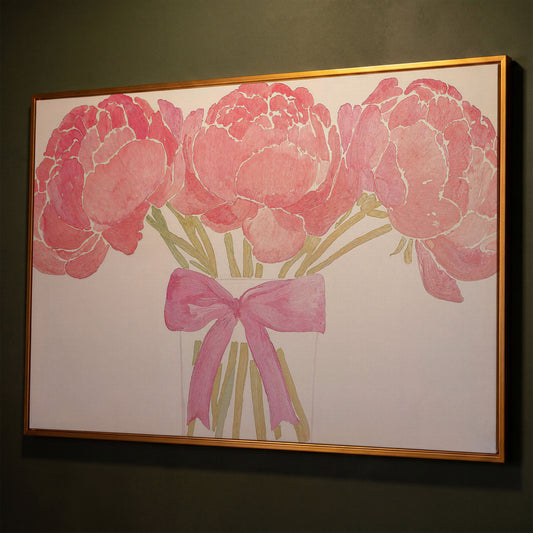 Pink Peonies in Vase Canvas Print shown in antique gold floating frame