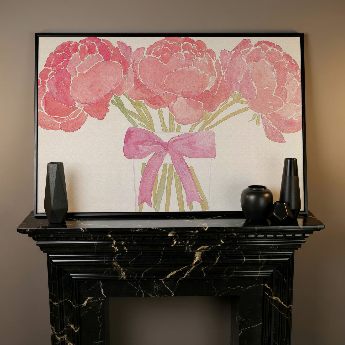 Pink Peonies in Vase Canvas Print in black floating frame