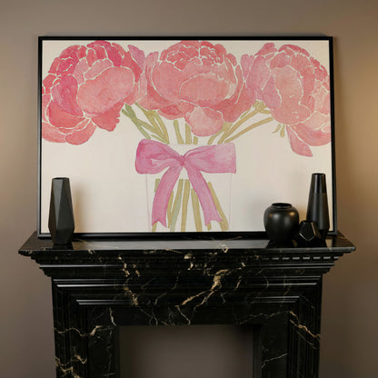 Pink Peonies in Vase Canvas Print in black floating frame