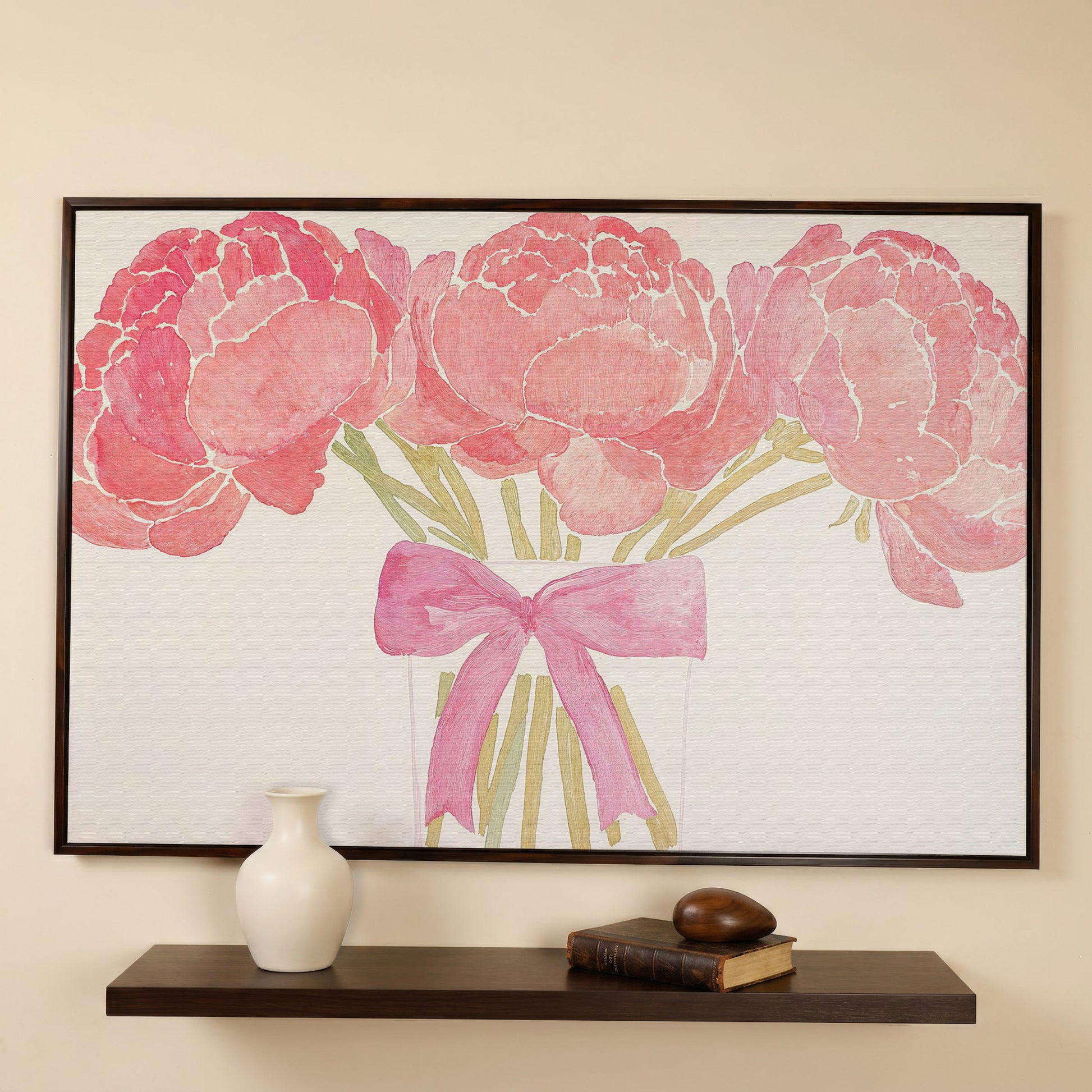 Pink Peonies in Vase Canvas Print in dark walnut floating frame